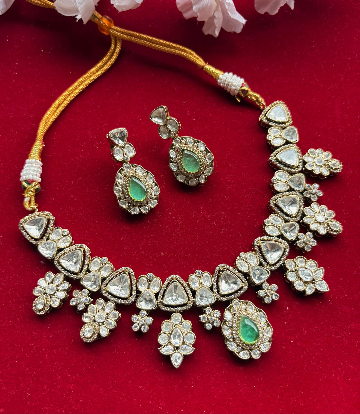 SHIRINA Gold Finish Mint  Kundan Wedding Jewelry ,Necklace Set with Earring,Indian traditional jewelry , mint green colour jewelry