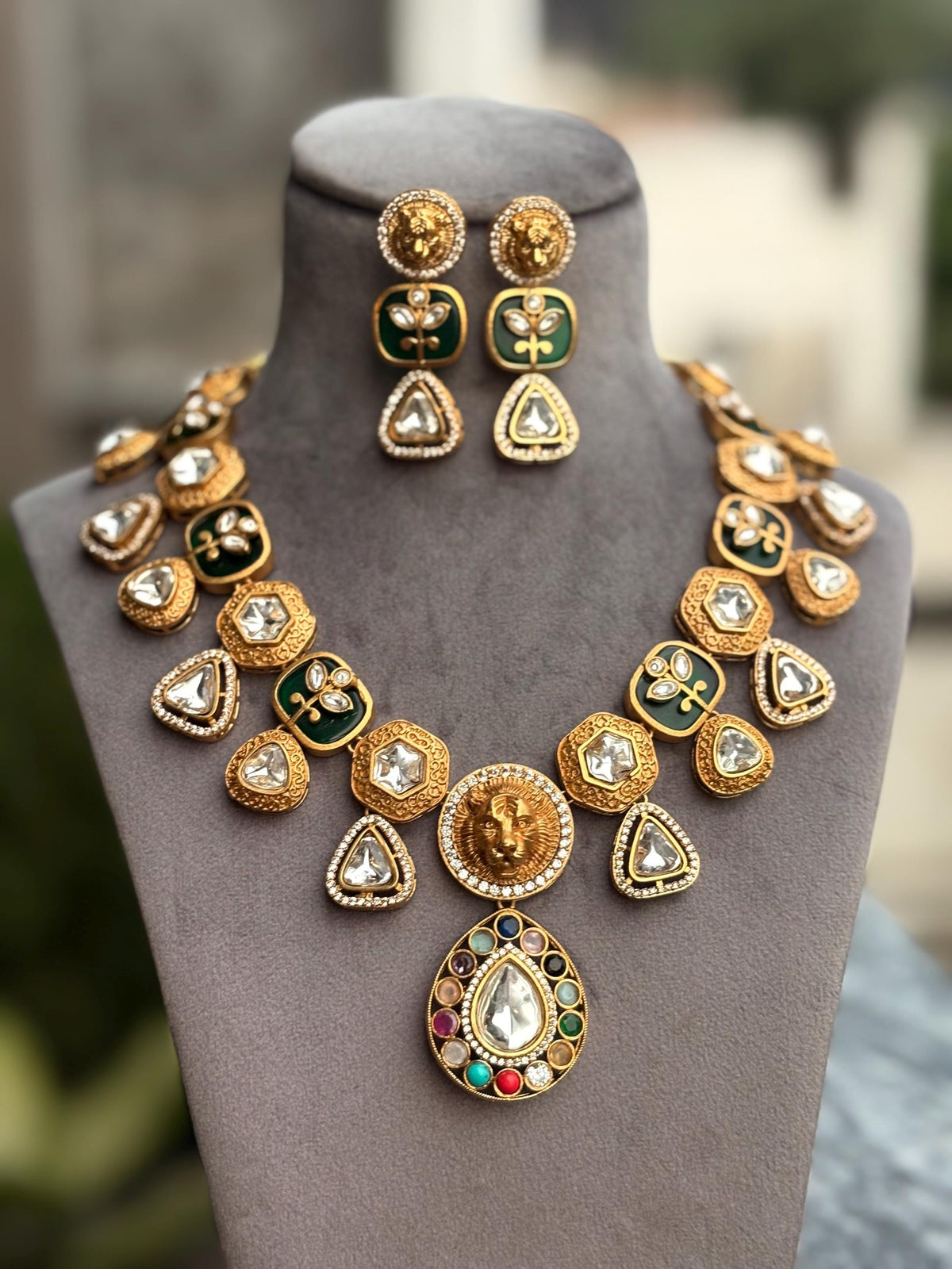 SHIVKA Sabyasachi inspired Green Victorian style kundan necklace set,Indian Bridal jewelry, cz kundan Victorian golden polish