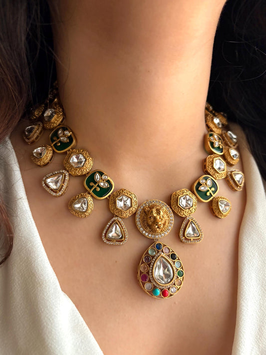 SHIVKA Sabyasachi inspired Green Victorian style kundan necklace set,Indian Bridal jewelry, cz kundan Victorian golden polish