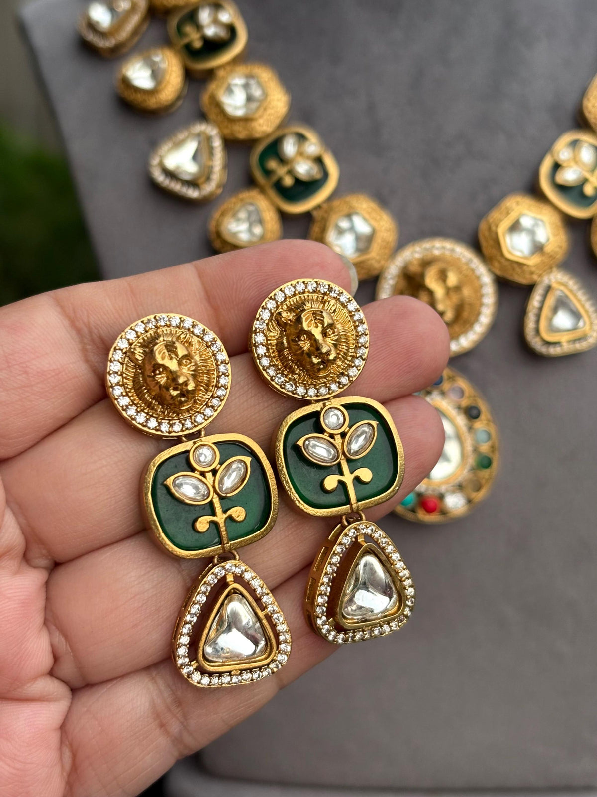 SHIVKA Sabyasachi inspired Green Victorian style kundan necklace set,Indian Bridal jewelry, cz kundan Victorian golden polish