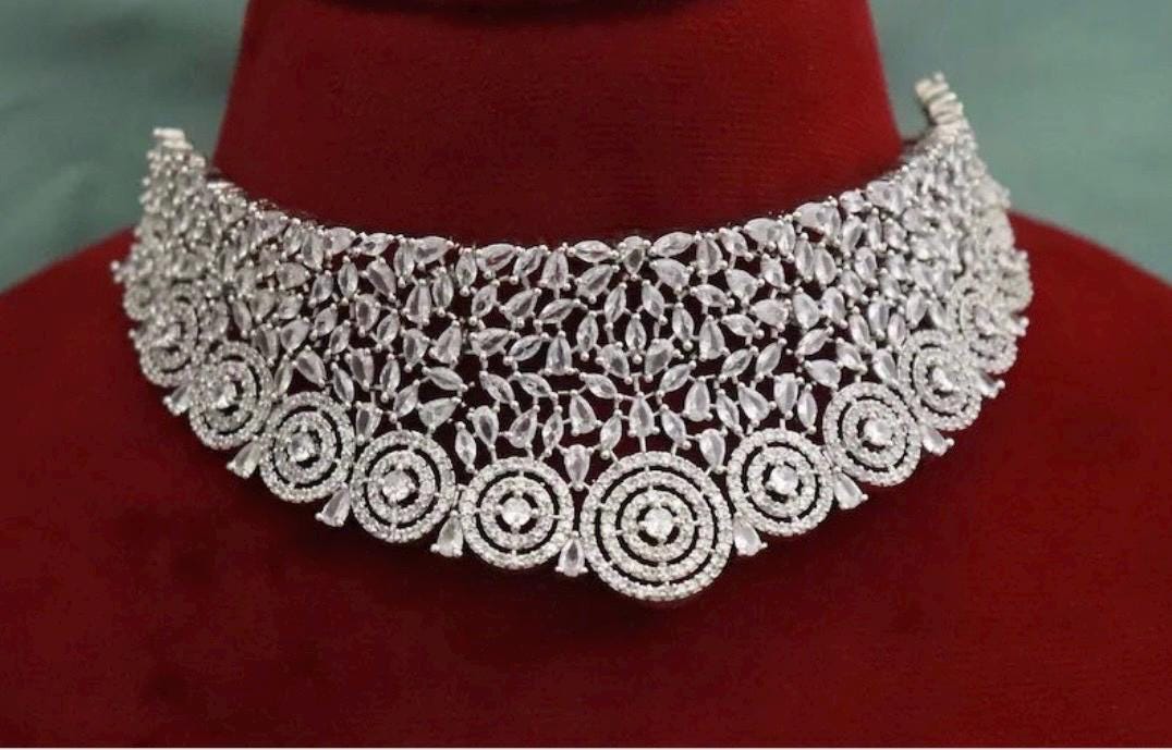 AVA silver finish Clear stones American Diamond Necklace Set/ stylish cz zircon choker set jewelry,Indian pakistani jewellery