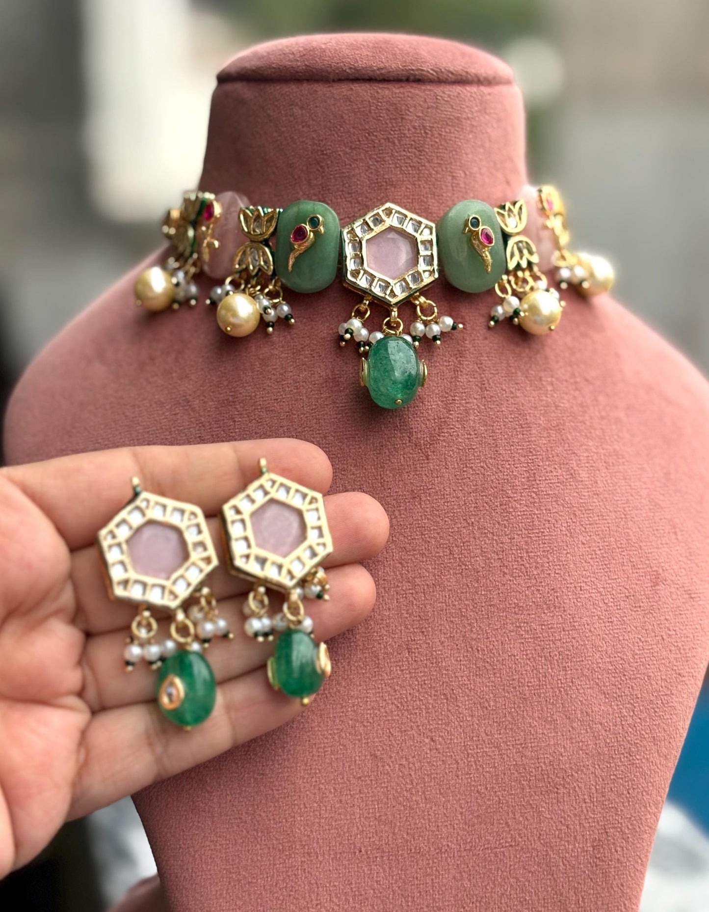 NOSHIN Sabyasachi inspired green pink and golden Fusion Kundan choker set,necklace set,indian bollywood wedding jewelry pakistani jewelry