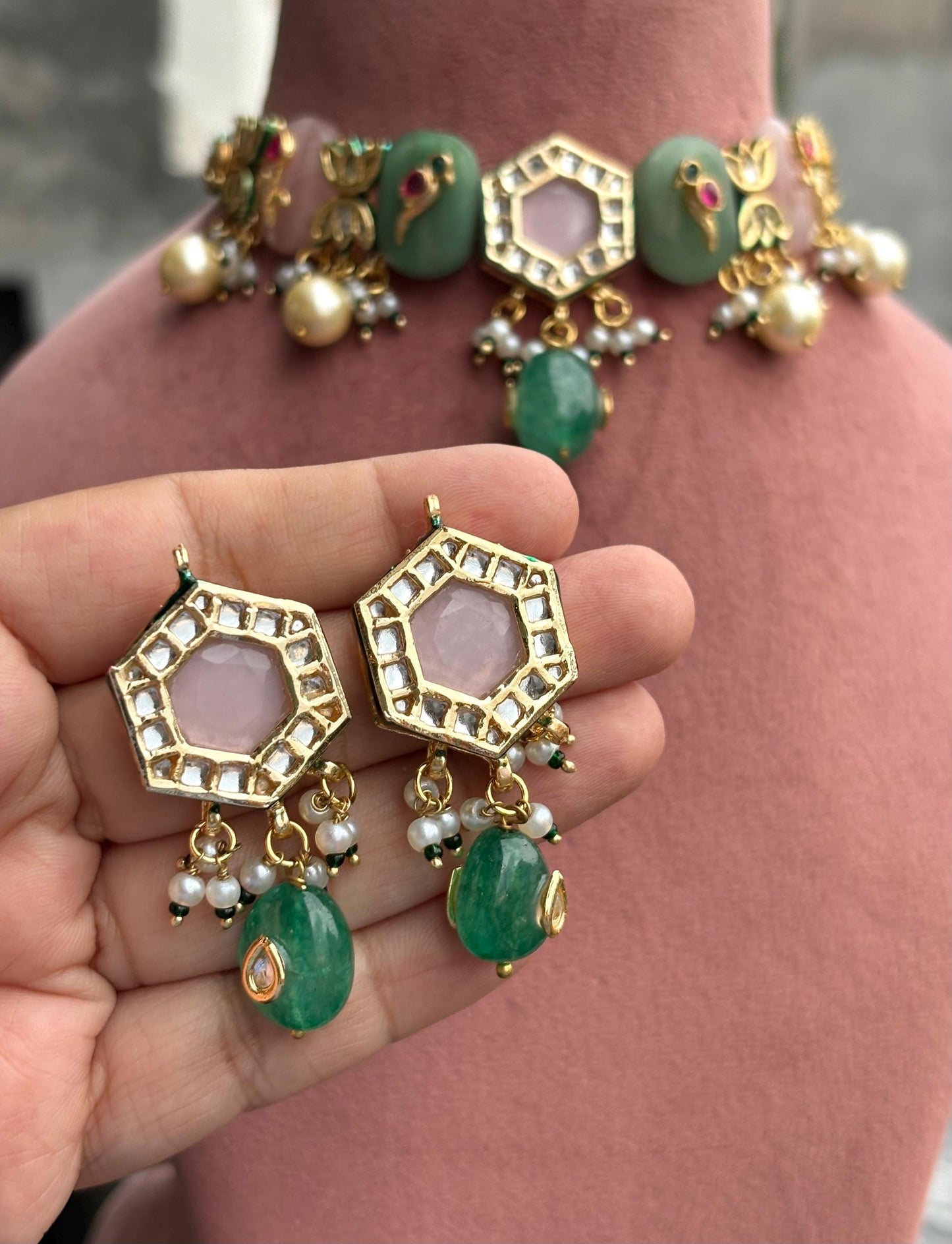 NOSHIN Sabyasachi inspired green pink and golden Fusion Kundan choker set,necklace set,indian bollywood wedding jewelry pakistani jewelry