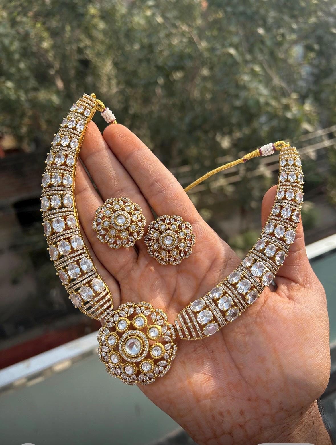 REYANA Royal look clear stones kundan hasli necklace set ,Indian Bridal Victorian choker kundan, gold finish kundan pakistani jewelry