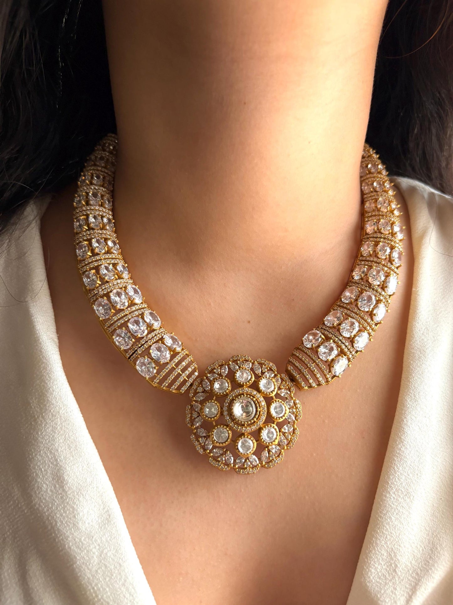 REYANA Royal look clear stones kundan hasli necklace set ,Indian Bridal Victorian choker kundan, gold finish kundan pakistani jewelry