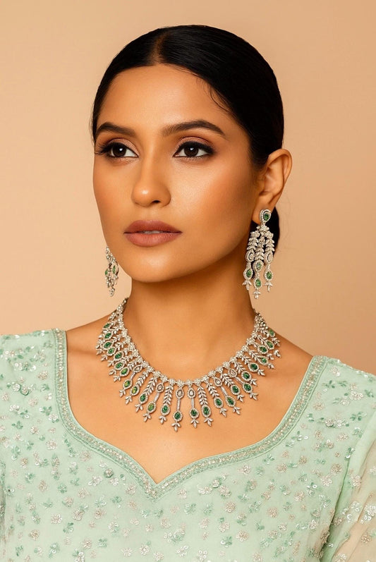FARHA Elegant American Diamond High Quality Necklace Set in Green stones and cz /Indian  Pakistani bridal jewelry