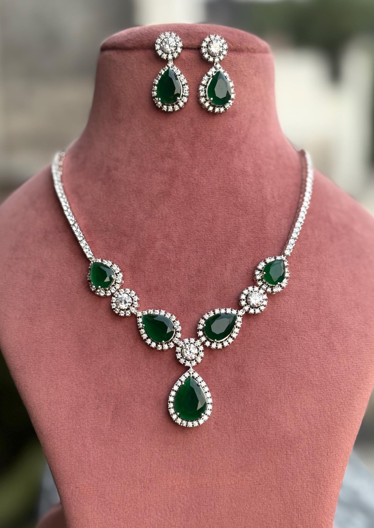 IRENE Premium quality Green colour necklace Set American Diamond Classy cz zircon jewelry, stylish prom,gala dinner bridal jewellery