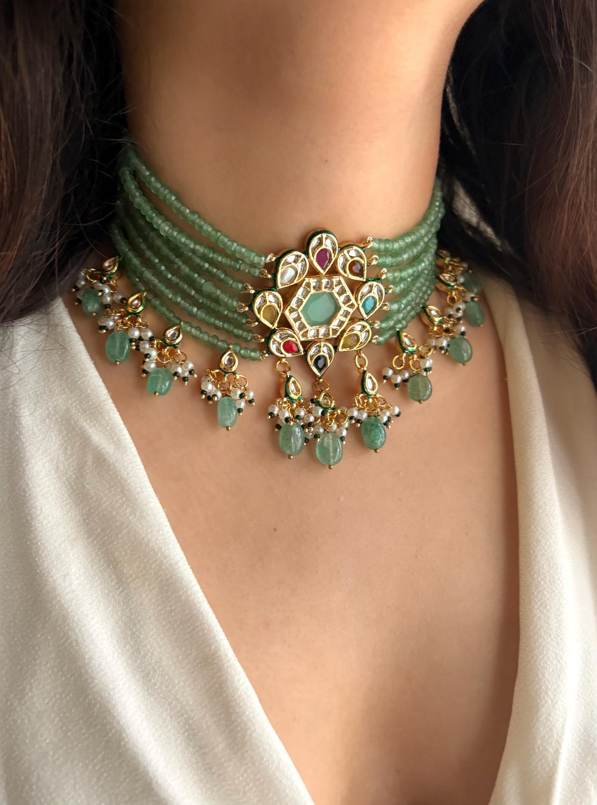 PARWEEN Sabyasachi inspired mint and golden Fusion Kundan choker set, necklace set, indian wedding Rajwada jewelry/ pakistani jewelry