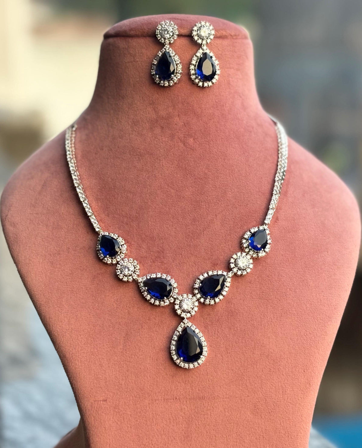 IRENE Premium quality Sapphire blue necklace Set American Diamond classy cz zircon jewelry, stylish prom,gala dinner bridal jewellery