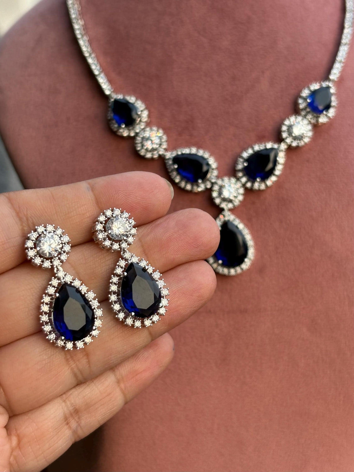 IRENE Premium quality Sapphire blue necklace Set American Diamond classy cz zircon jewelry, stylish prom,gala dinner bridal jewellery