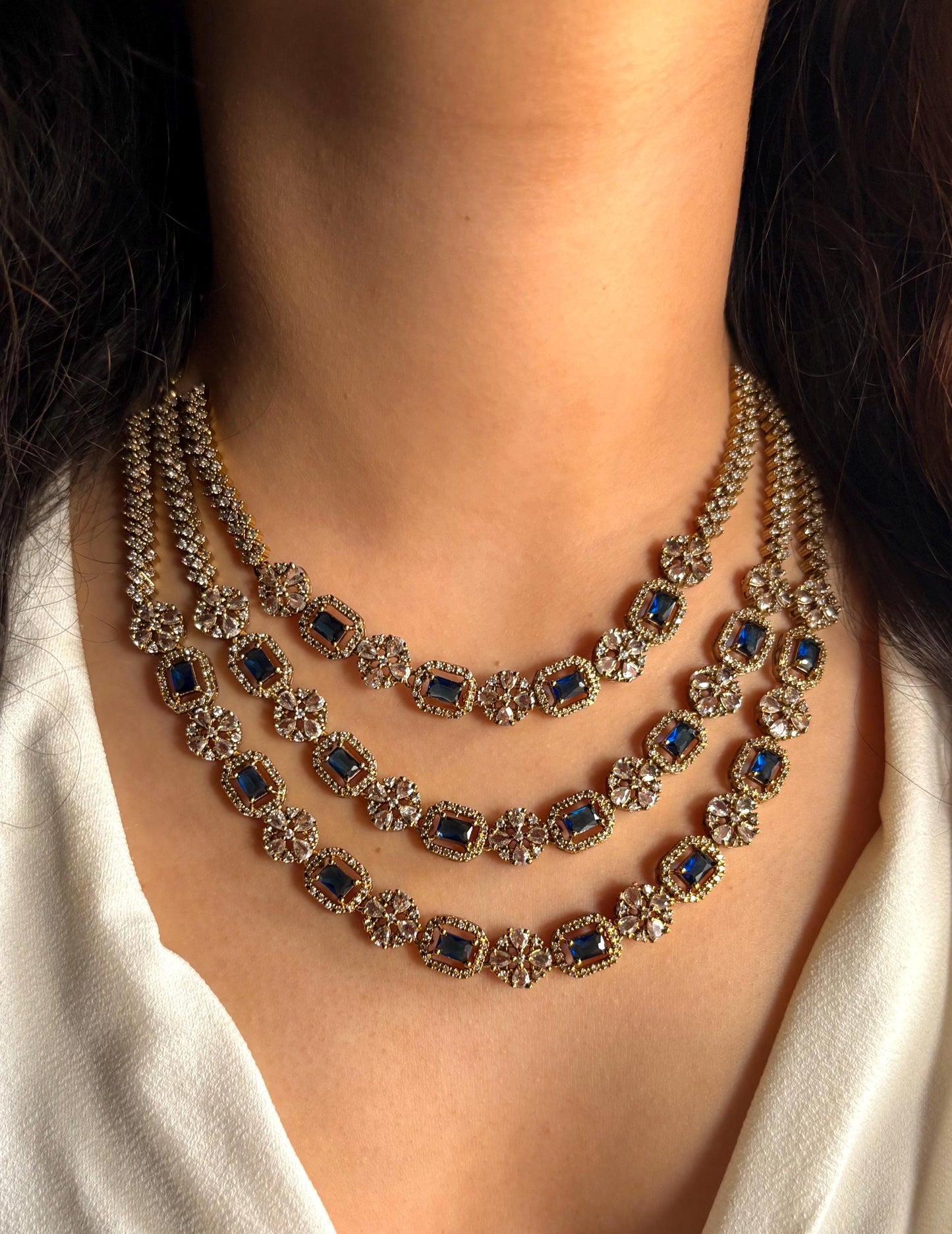 BARIKA three layered sapphire blue kundan and zircon sleek necklace set in mehndi golden polish,Indian victorian style jewelry