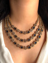 BARIKA three layered sapphire blue kundan and zircon sleek necklace set in mehndi golden polish,Indian victorian style jewelry