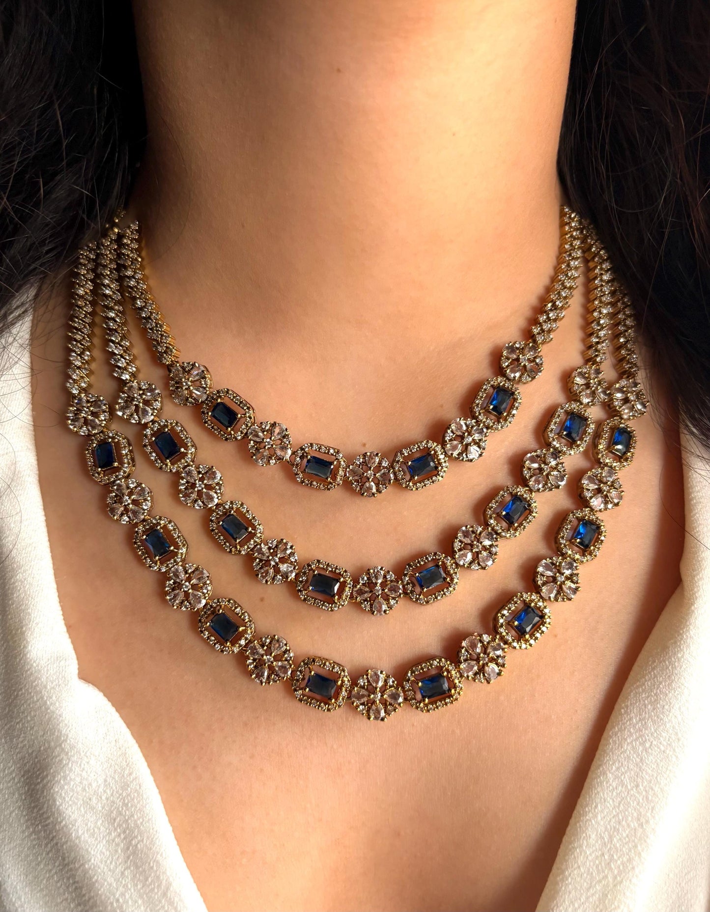 BARIKA three layered sapphire blue kundan and zircon sleek necklace set in mehndi golden polish,Indian victorian style jewelry