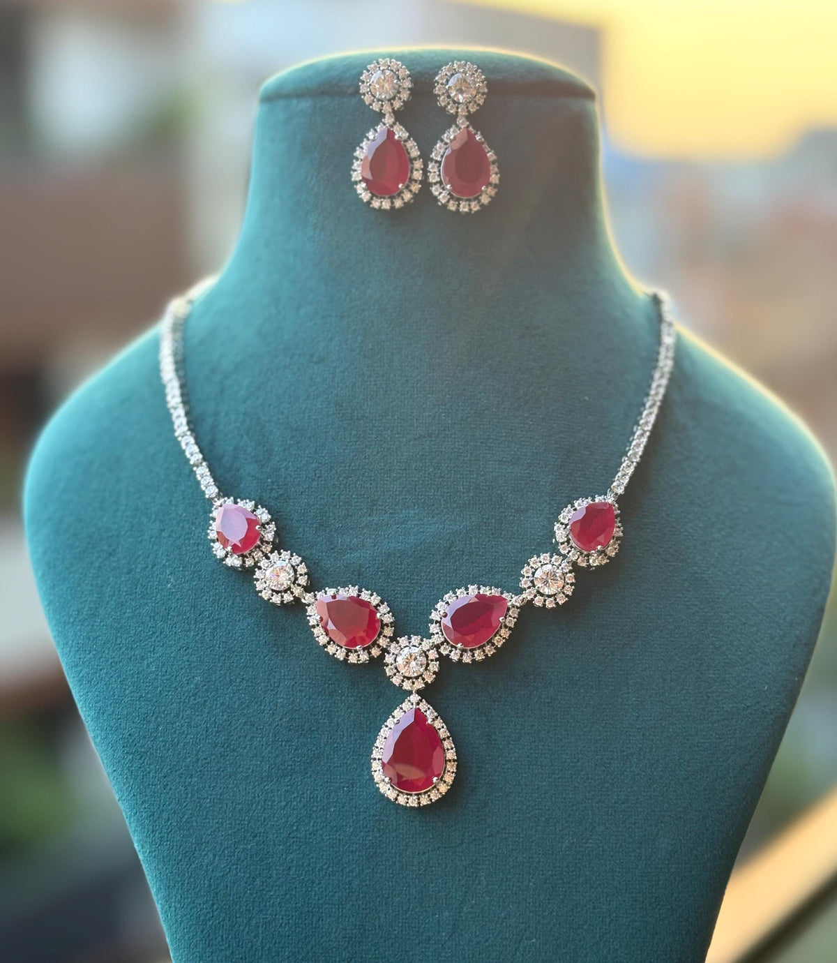 IRENE Premium quality Ruby colour necklace Set American Diamond classy cz zircon jewelry, stylish prom,gala dinner Ruby red jewellery