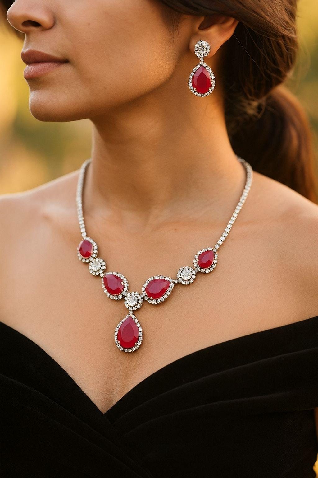 IRENE Premium quality Ruby colour necklace Set American Diamond classy cz zircon jewelry, stylish prom,gala dinner Ruby red jewellery