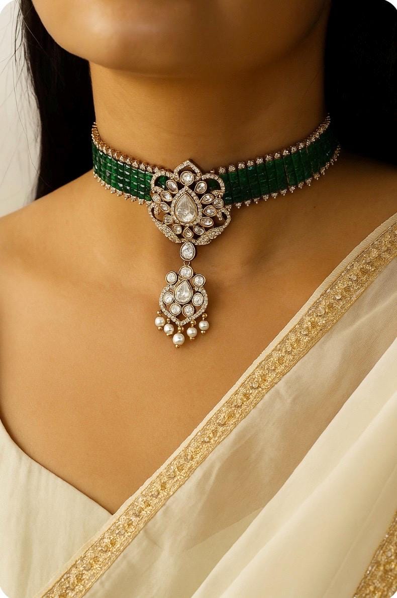 MAHIRA emerald green choker set,Victorian style kundan necklace set, Indian Bridal traditional jewelry, green choker earrings