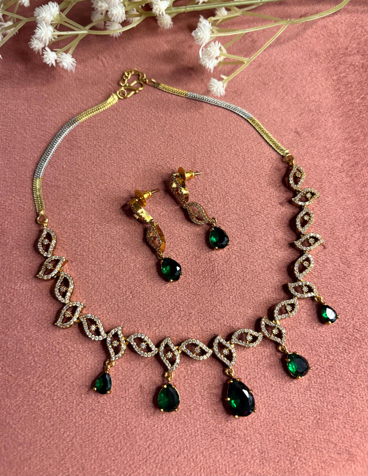 ARIA Green colour kundan and zircon sleek necklace set in  mehndi golden polish,Indian bridal victorian style jewelry