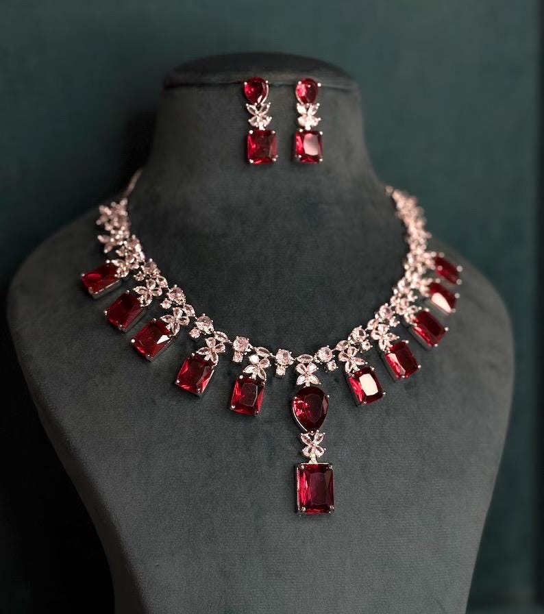 KAINA Red cz American Diamond High Quality necklace set wedding bridal  jewelry,red silver, pakistani Nikaah jewelry