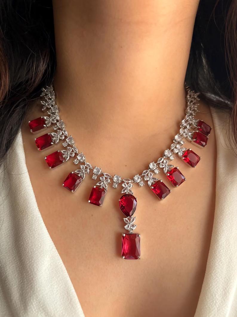 KAINA Red cz American Diamond High Quality necklace set wedding bridal  jewelry,red silver, pakistani Nikaah jewelry