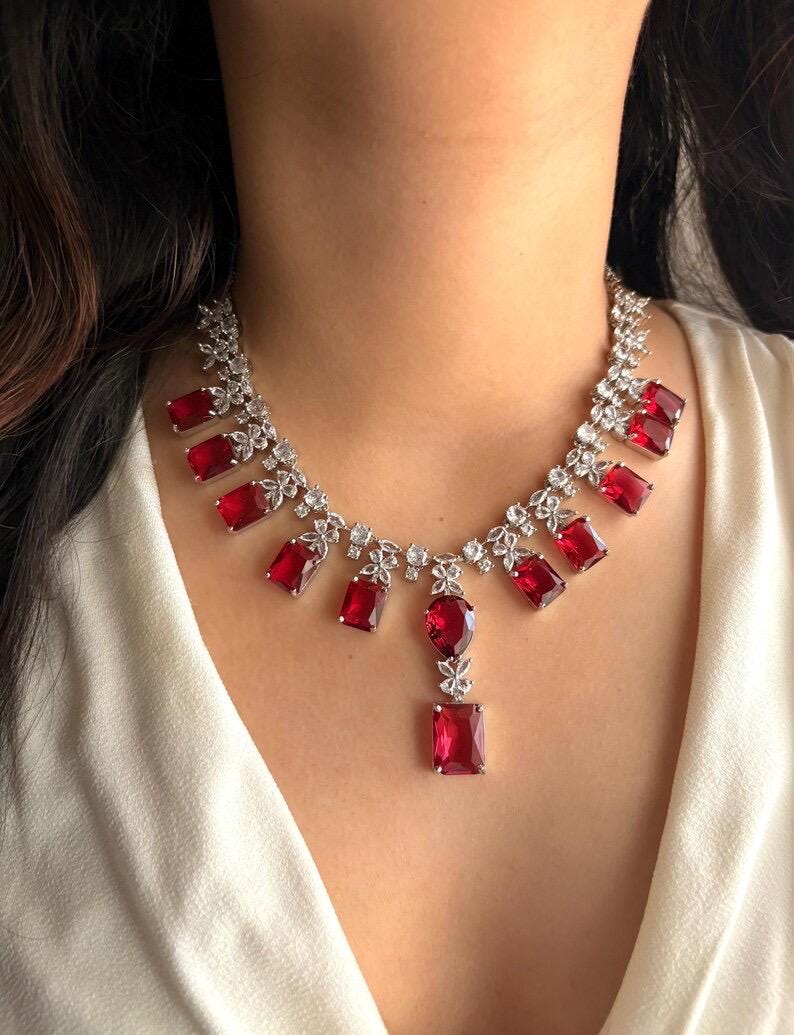KAINA Red cz American Diamond High Quality necklace set wedding bridal  jewelry,red silver, pakistani Nikaah jewelry