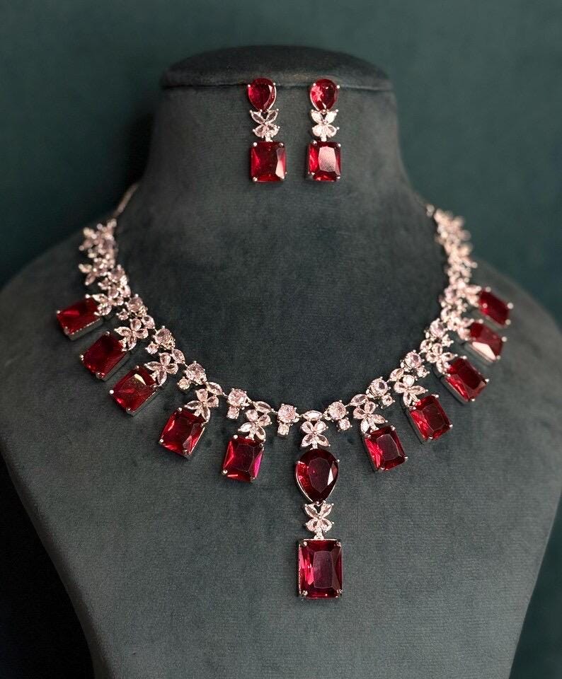 KAINA Red cz American Diamond High Quality necklace set wedding bridal  jewelry,red silver, pakistani Nikaah jewelry