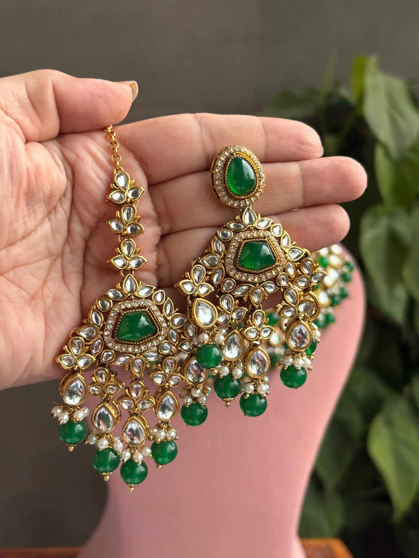 SHAINAZ Green kundan necklace set, Indian pakistani nikaah jewellery, bollywood, green colour wedding bridal jewelry, maangtika included
