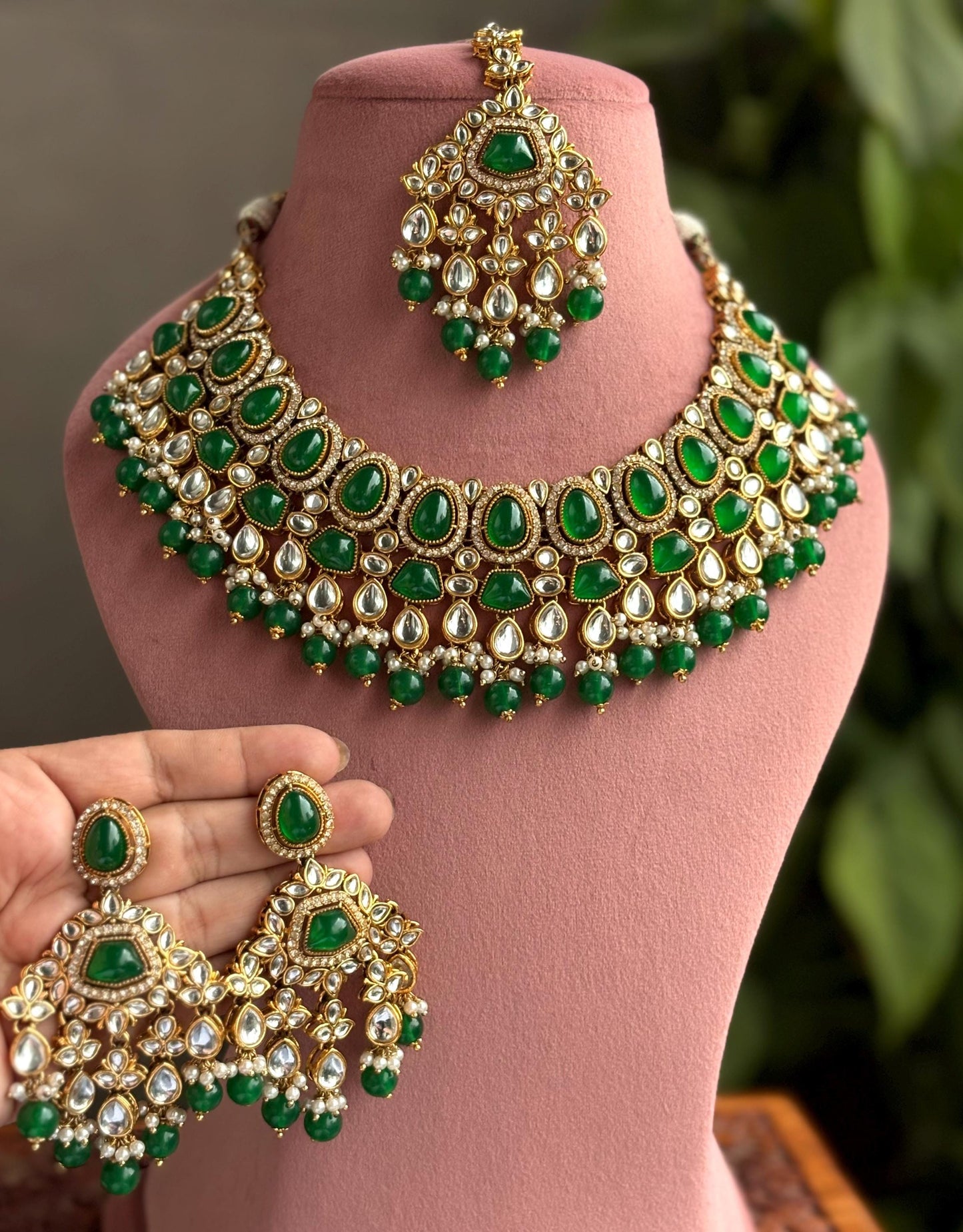 SHAINAZ Green kundan necklace set, Indian pakistani nikaah jewellery, bollywood, green colour wedding bridal jewelry, maangtika included