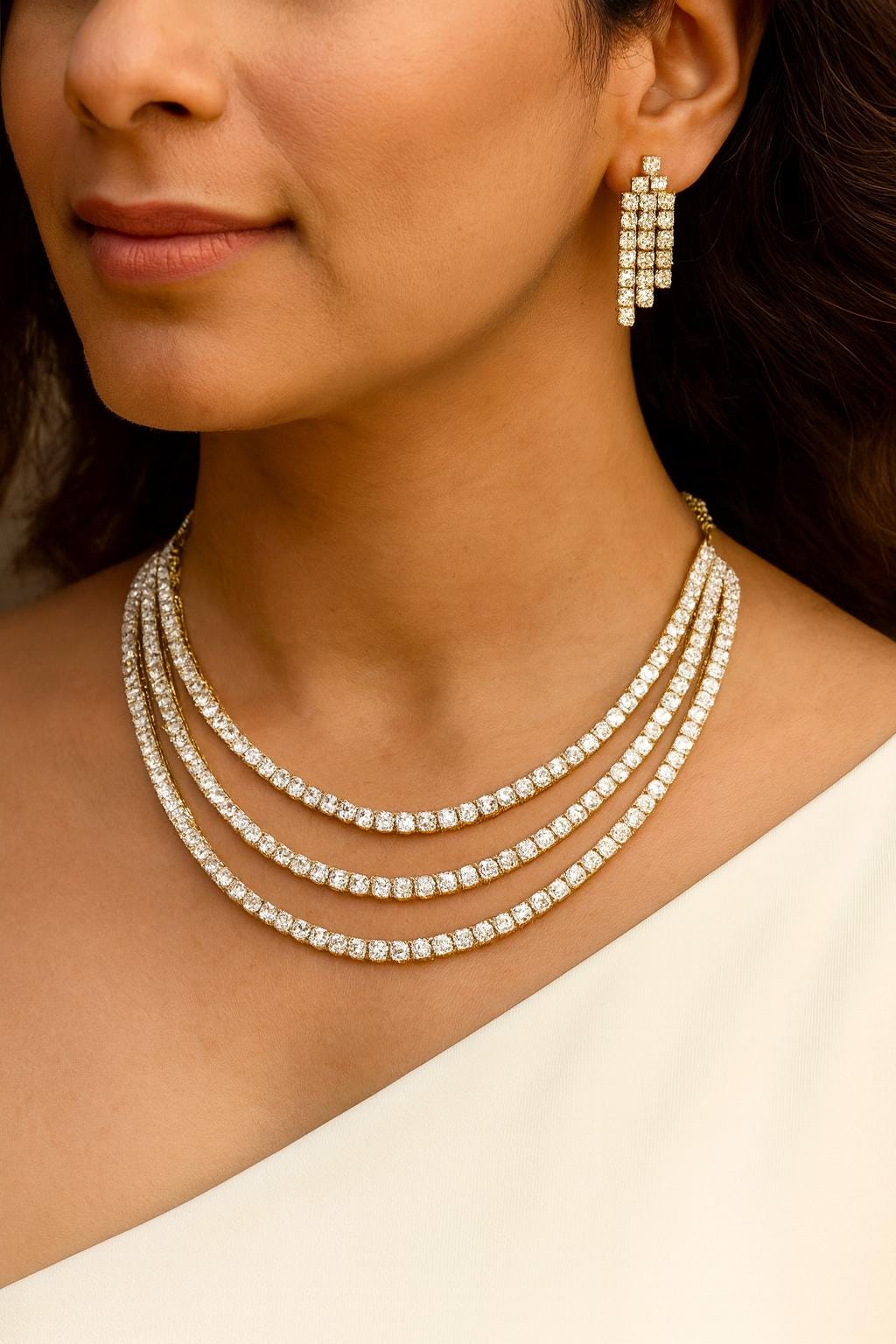 KEIRA two tone clear stones three layer American Diamond High Quality necklace set, golden tone bridal jewelry, two tone colourless jewelry