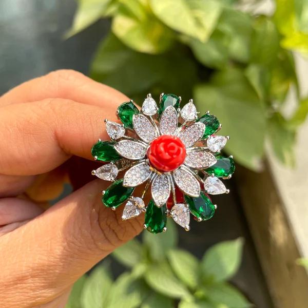 MANSI Emerald green cocktail ring ,adjustable American diamond ring ,high quality cz zircon,dark green Indian jewellery, green cz ring