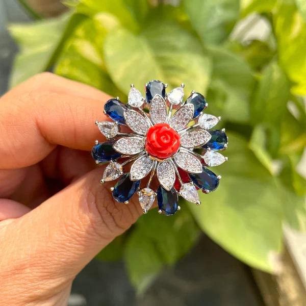 MANSI Sapphire blue cocktail ring ,adjustable American diamond ring ,high quality cz zircon, dark blue Indian jewellery, blue cz ring