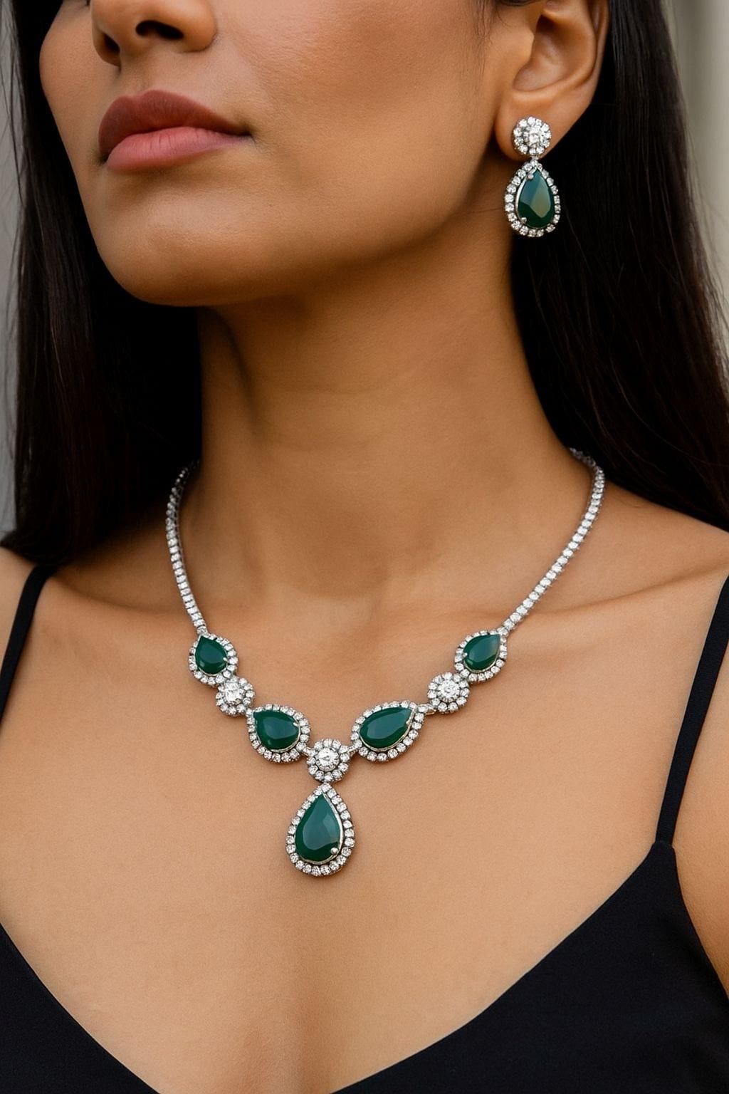 IRENE Premium quality Green colour necklace Set American Diamond Classy cz zircon jewelry, stylish prom,gala dinner bridal jewellery