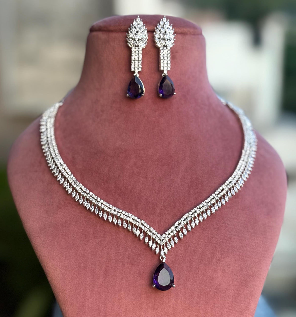 ERIKA Purple cz necklace and earrings, Statement American Diamond jewelry, Indian Jewelry Pakistani Wedding purple colour jewelry, amethyst