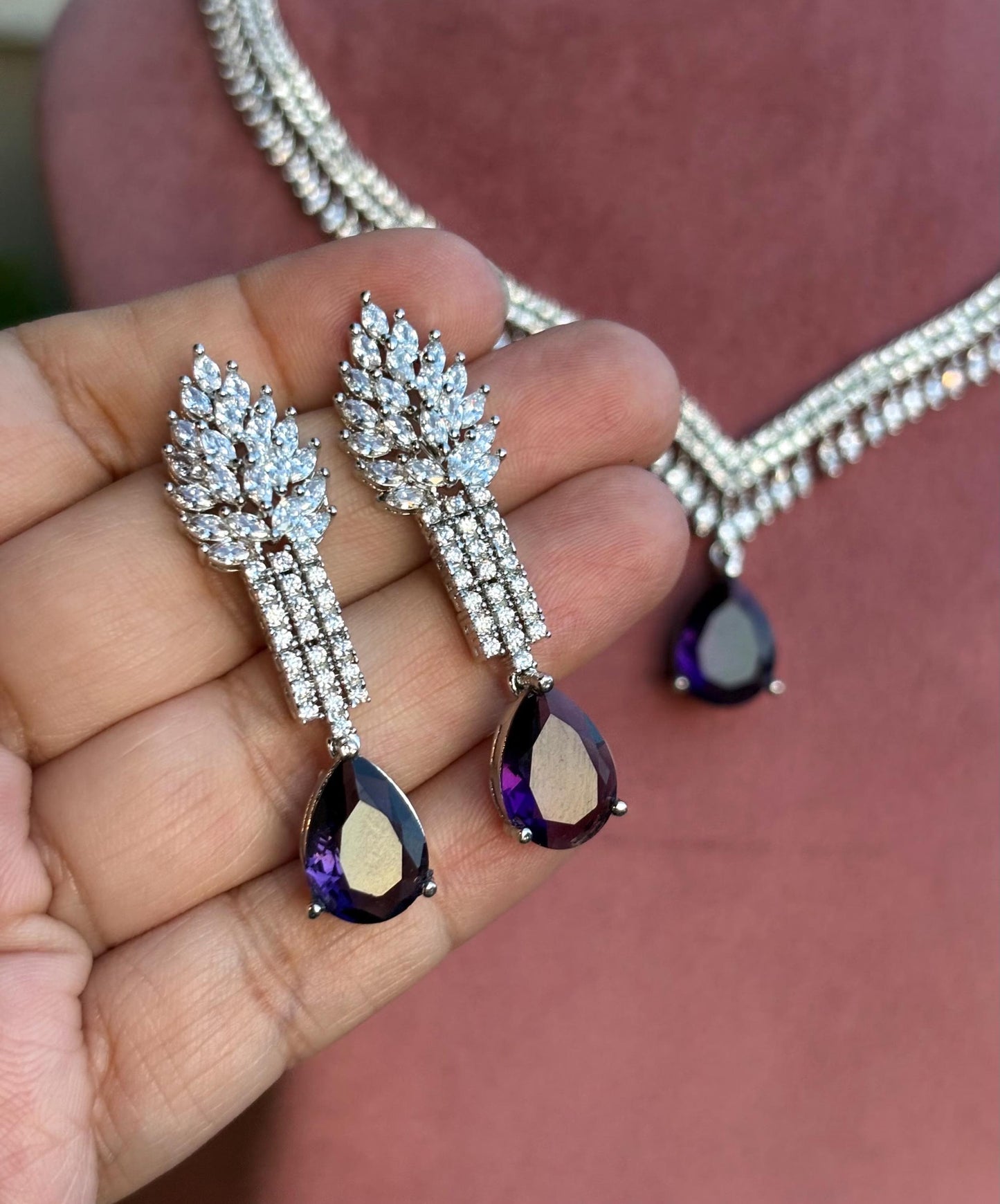 ERIKA Purple cz necklace and earrings, Statement American Diamond jewelry, Indian Jewelry Pakistani Wedding purple colour jewelry, amethyst