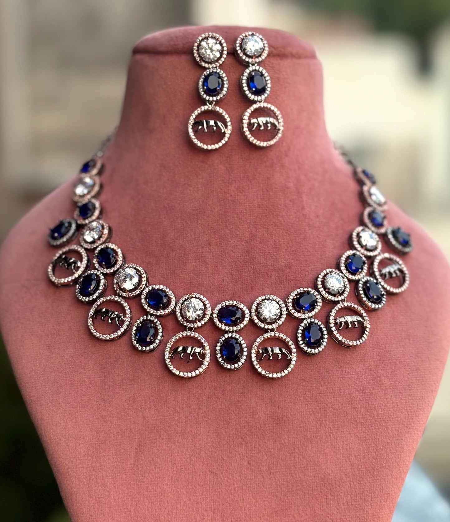 GIA Sabyasachi inspired sapphire blue kundan and zircon sleek necklace set in victorian polish,Indian victorian style jewelry