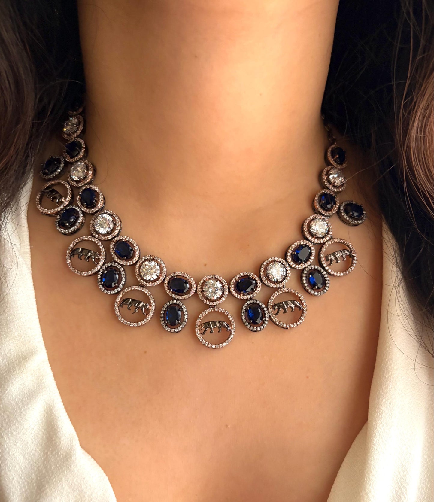 GIA Sabyasachi inspired sapphire blue kundan and zircon sleek necklace set in victorian polish,Indian victorian style jewelry