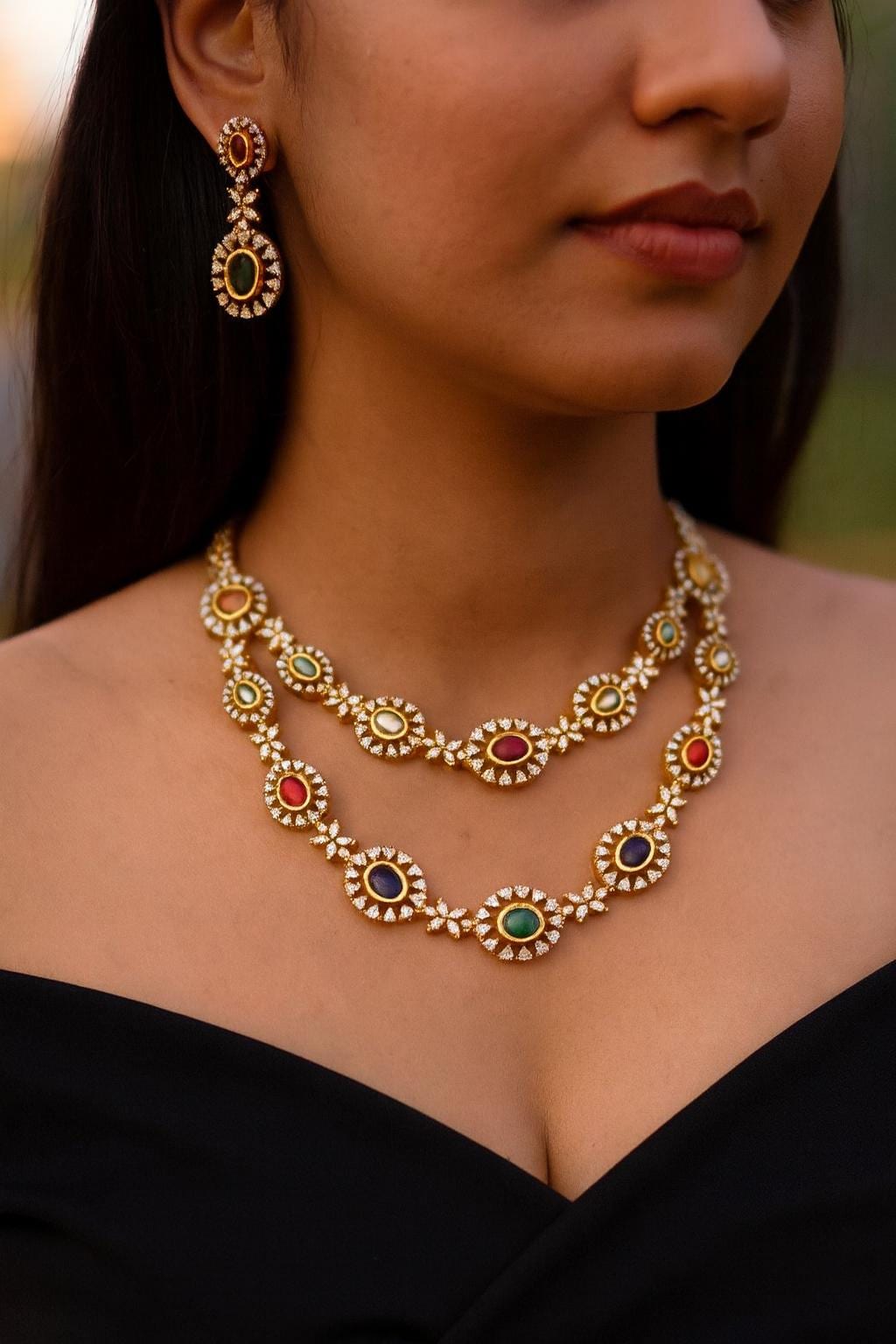 SIYA Gold Finish multicoloured Navratna cz Kundan Necklace with Earrings,indian traditional  jewelry, two layer delicate Navratan set