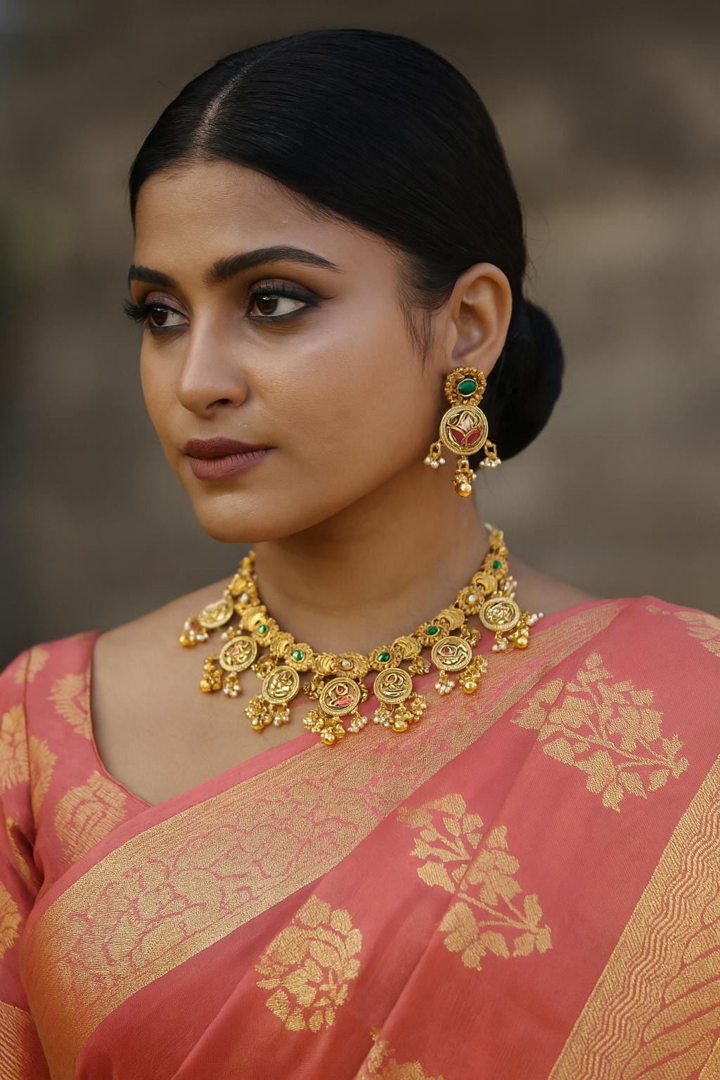 PAAVANI Gold tone Rajwadi jewellery South Indian jewelry,meenakari necklace earrings, Indian ruby stones golden jewelry,kempu temple jewelry
