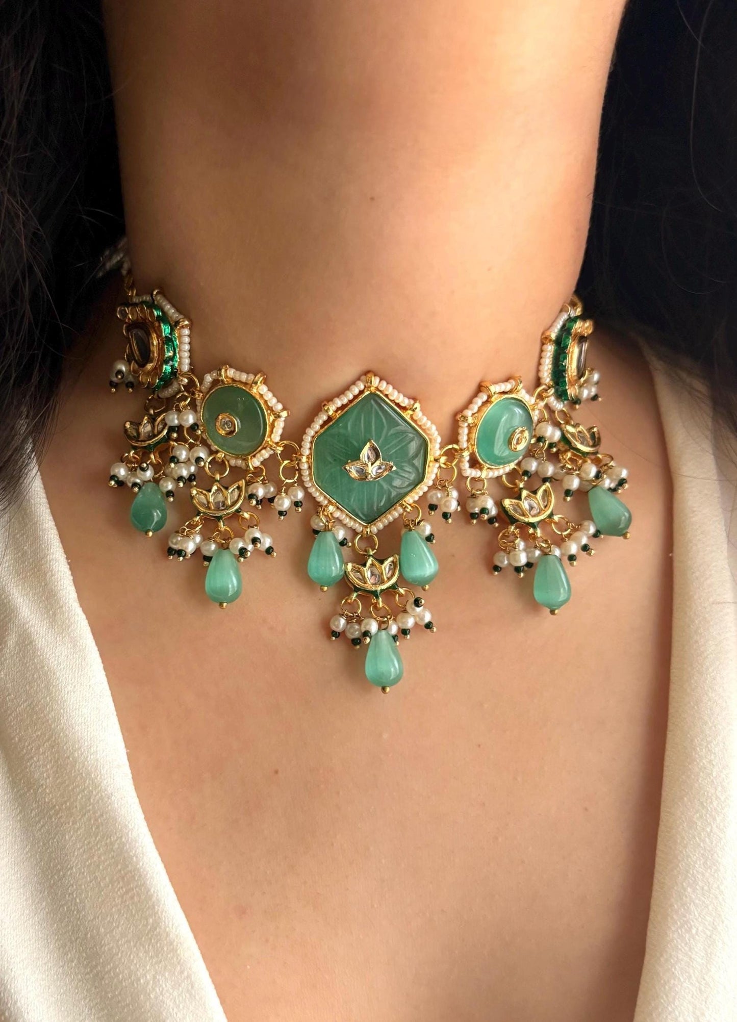 DIYANA Sabyasachi inspired mint and golden Fusion Kundan choker set, necklace set, indian wedding jewelry pakistani set bollywood jewelry