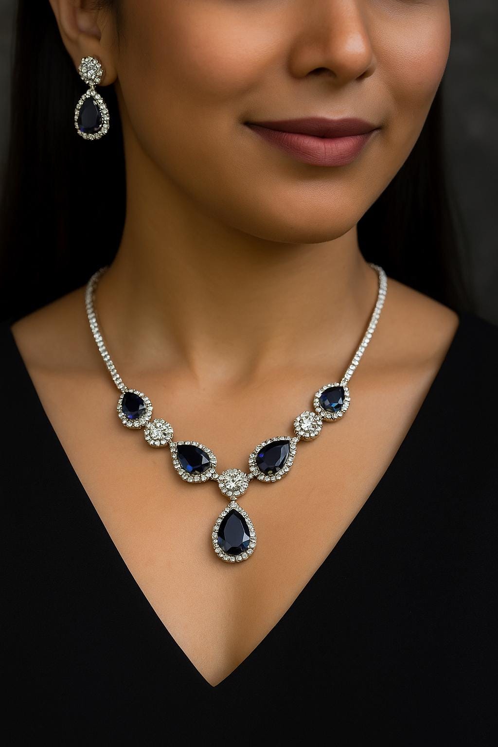 IRENE Premium quality Sapphire blue necklace Set American Diamond classy cz zircon jewelry, stylish prom,gala dinner bridal jewellery