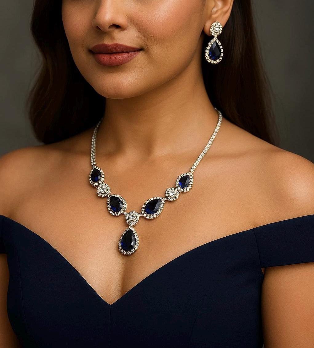 IRENE Premium quality Sapphire blue necklace Set American Diamond classy cz zircon jewelry, stylish prom,gala dinner bridal jewellery