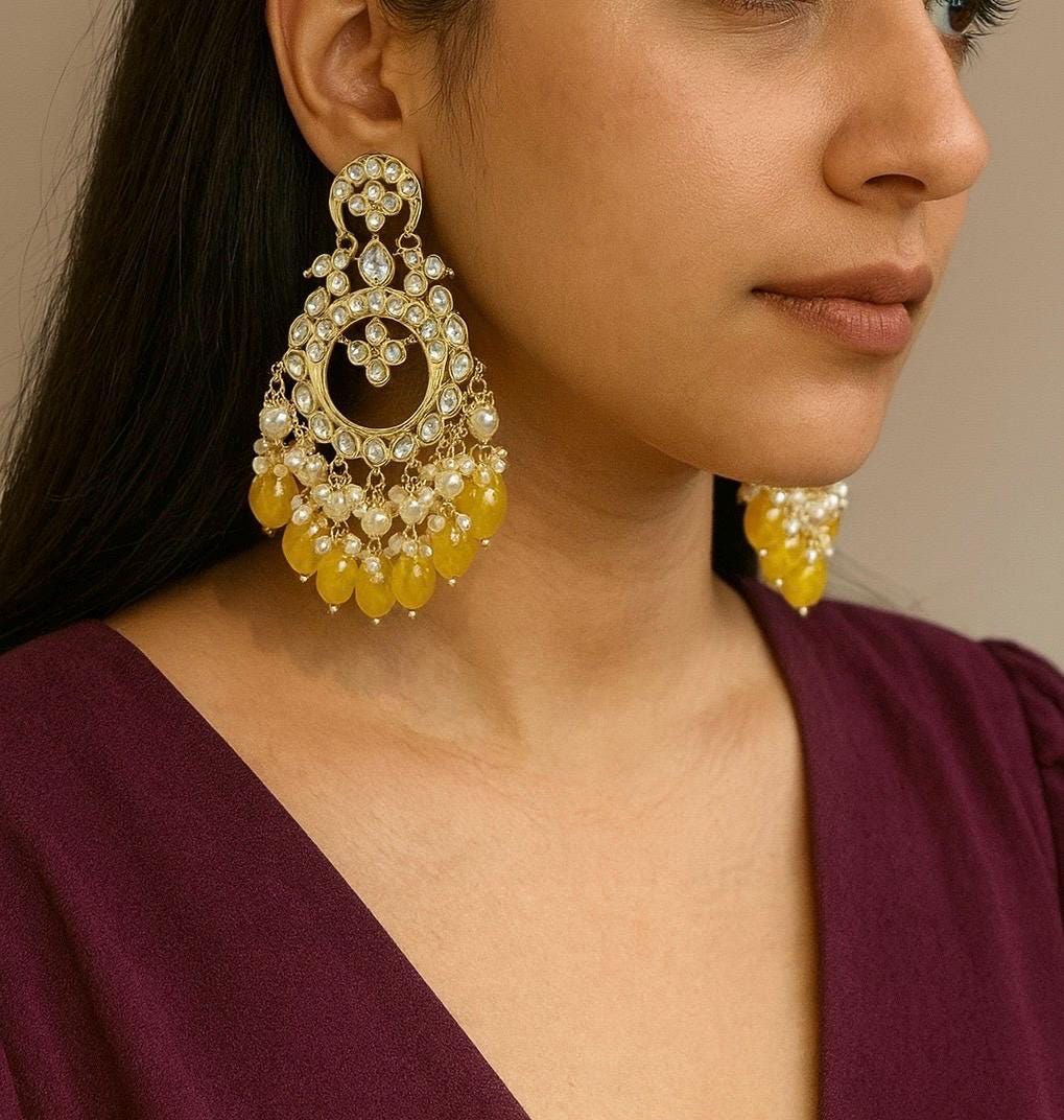 REVA Yellow earrings/ Wedding bridal kundan earrings /Navratri function Indian Diwali jewelry/yellow colour chandbali/haldi ceremony