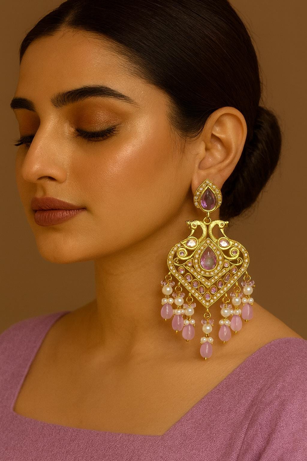 RIYA Lilac purple Gold Tone Royal Kundan Chandbali / Indian Earrings, Wedding Jewelry Pakistani event accessory golden bollywood chandbalis
