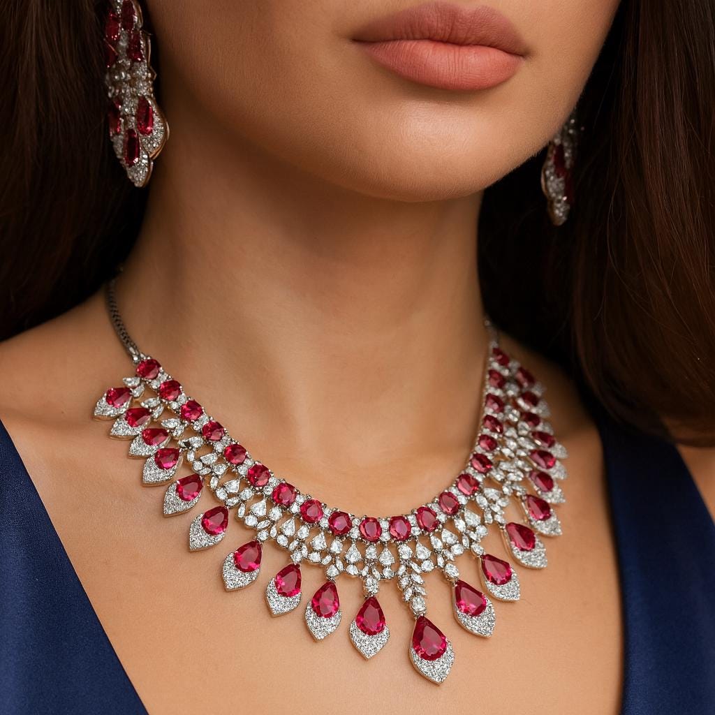American Diamond High Quality Red Necklace Set Pakistani bridal wedding jewelry,Indian ring ceremony jewellery,zircon cz Green Sapphire blue