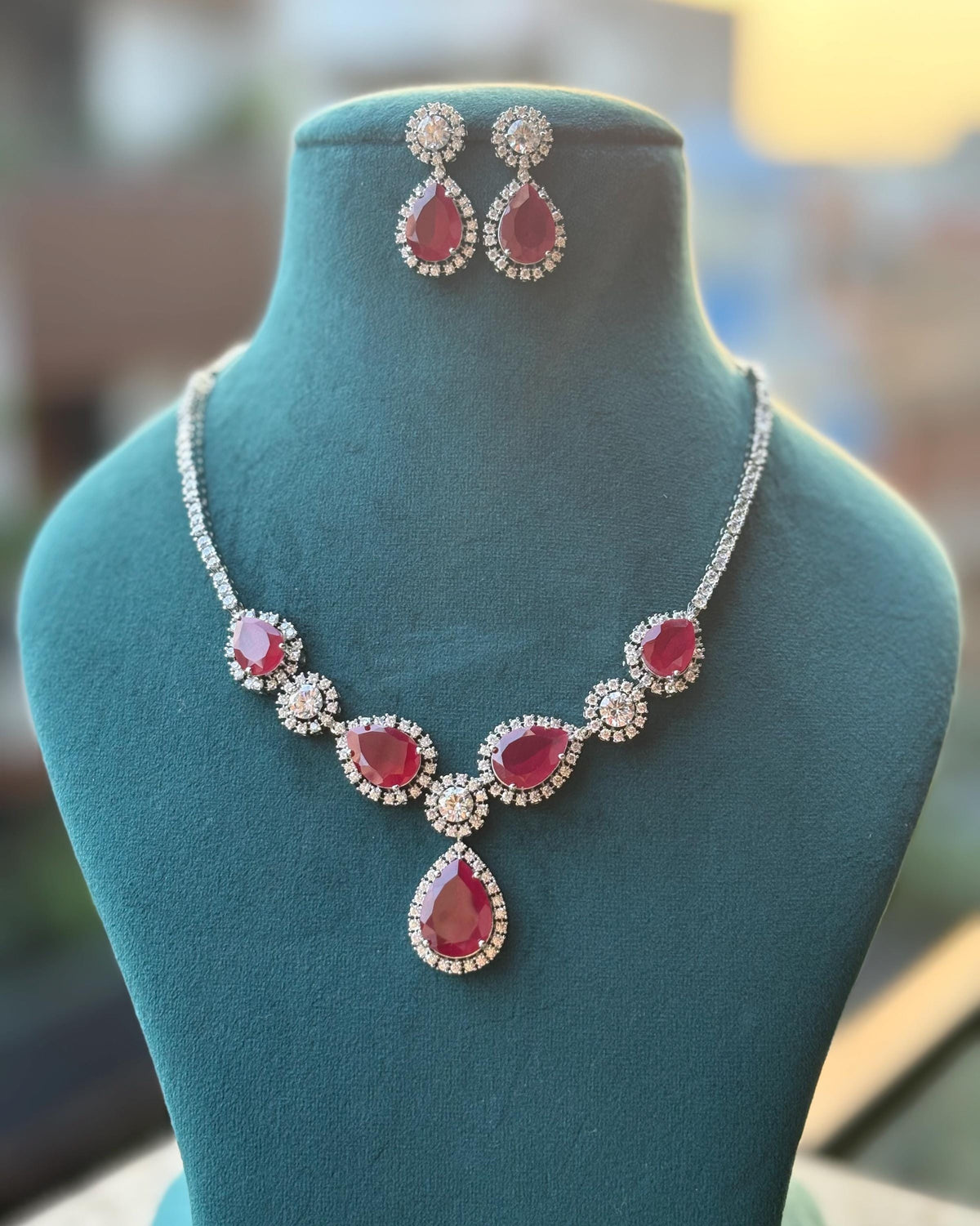 IRENE Premium quality Ruby colour necklace Set American Diamond classy cz zircon jewelry, stylish prom,gala dinner Ruby red jewellery