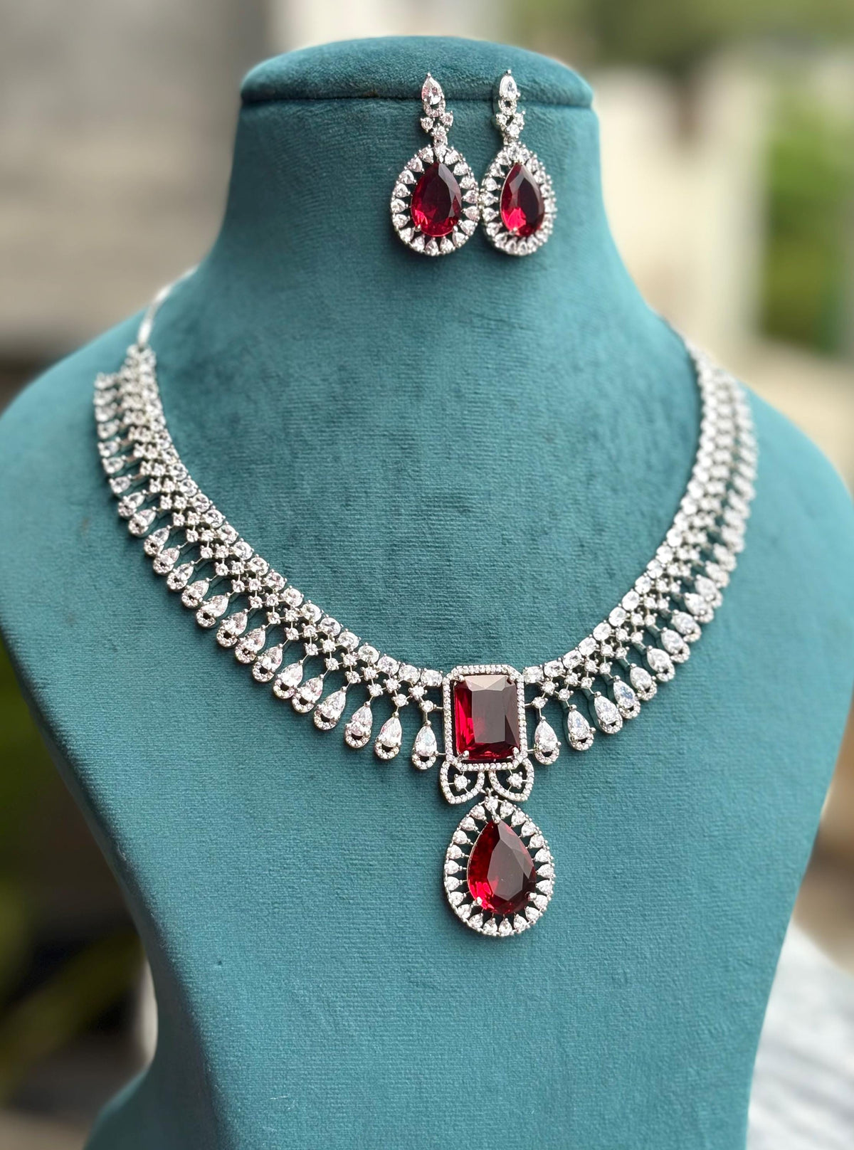 ELARA Premium quality Ruby red cz necklace Set American Diamond classy zircon jewelry, stylish prom,gala dinner red colour choker set