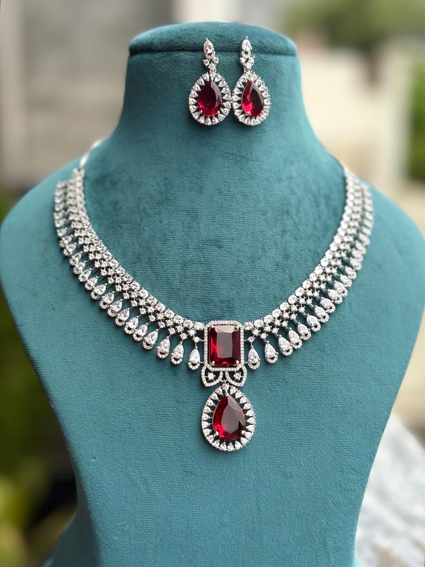 ELARA Premium quality Ruby red cz necklace Set American Diamond classy zircon jewelry, stylish prom,gala dinner red colour choker set