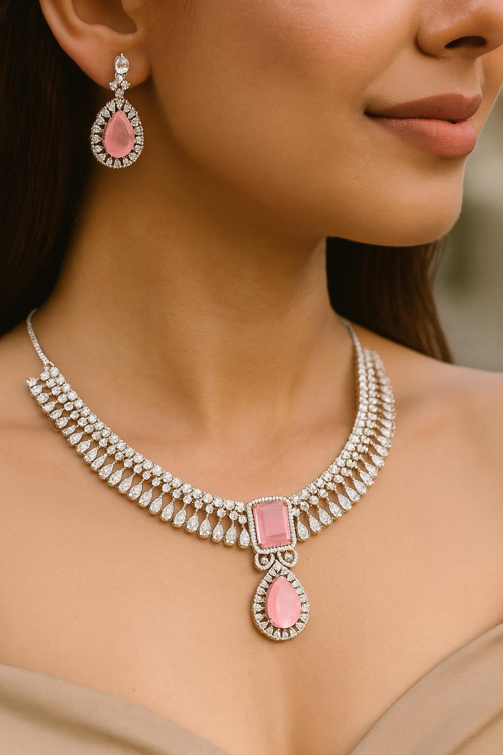 ELARA Premium quality Light pink cz necklace Set American Diamond classy zircon jewelry, stylish prom,gala dinner pink colour choker set