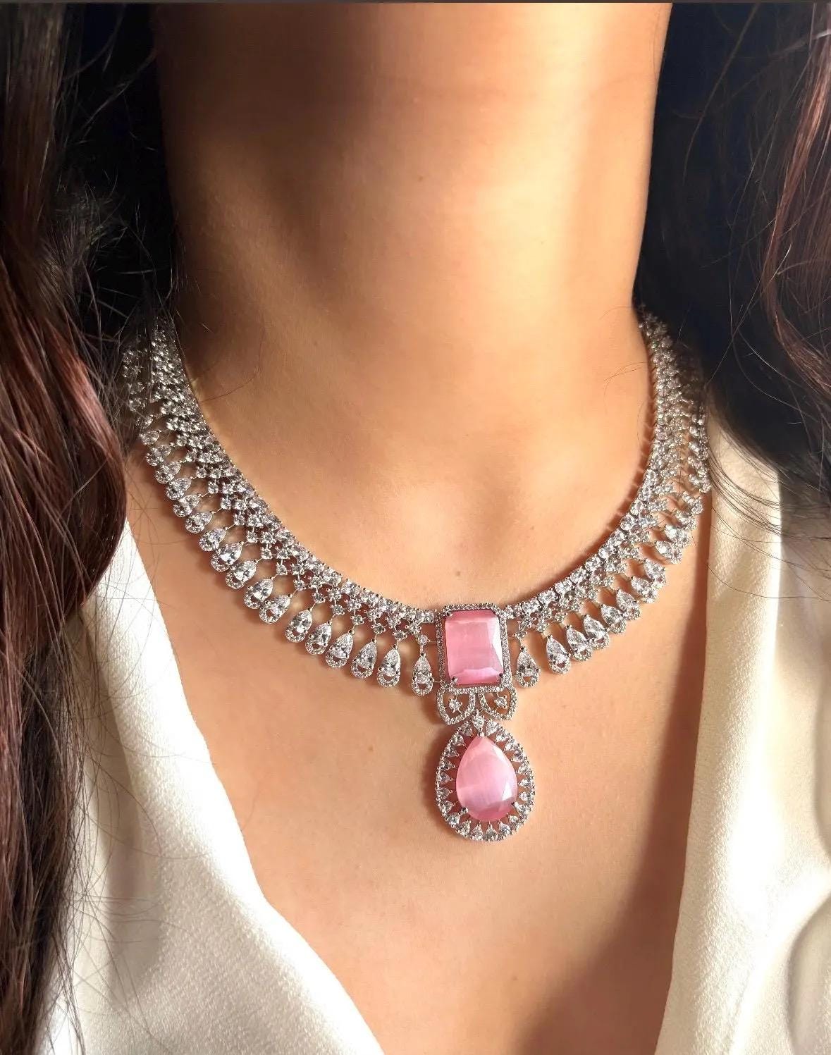 ELARA Premium quality Light pink cz necklace Set American Diamond classy zircon jewelry, stylish prom,gala dinner pink colour choker set