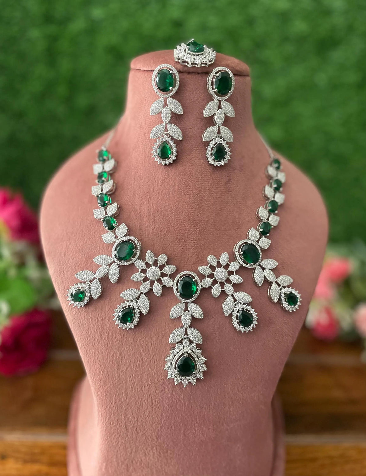 NIZA Emerald green American Diamond Necklace Set /Pakistani bridal nikaah wedding jewelry,Indian green colour jewelry maangtika included