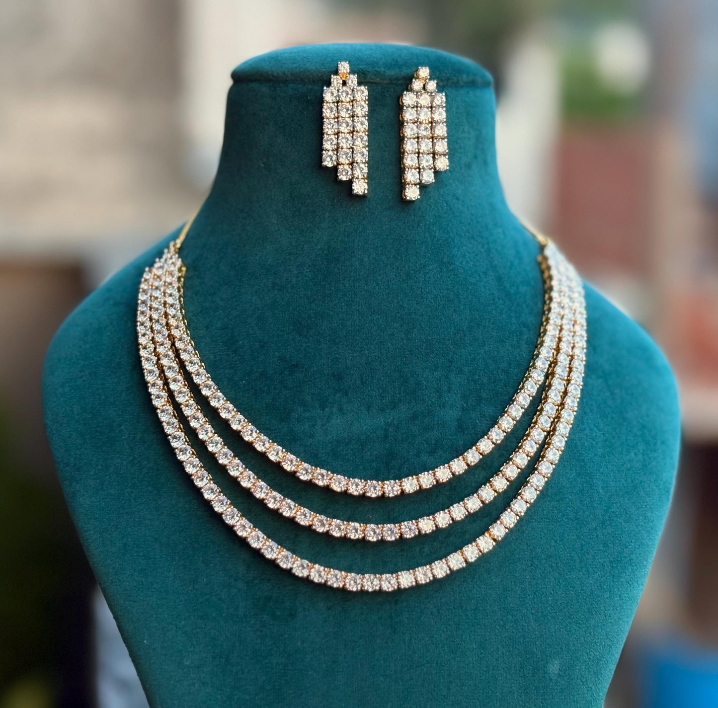 KEIRA two tone clear stones three layer American Diamond High Quality necklace set, golden tone bridal jewelry, two tone colourless jewelry